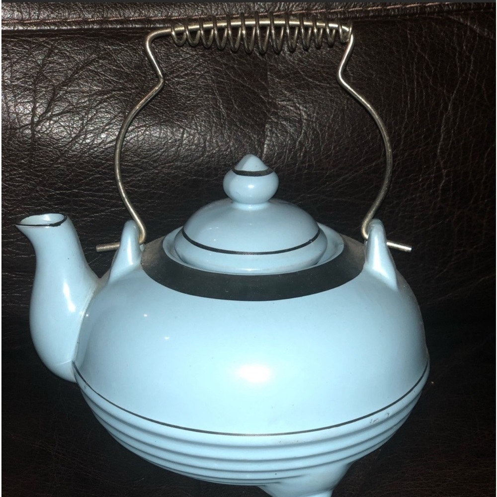 - Vintage Redware Pottery Tea Pot with Wire Handle, old baby blue kitchen teapot